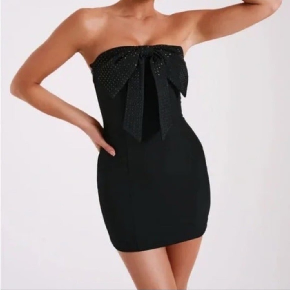 Meshki Saoirse Strapless Black Mini Dress With Diamanté Bow